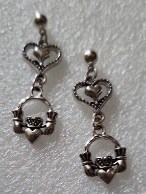 Hand Crafted Silver-Tone Claddagh Heart Drop Earrings